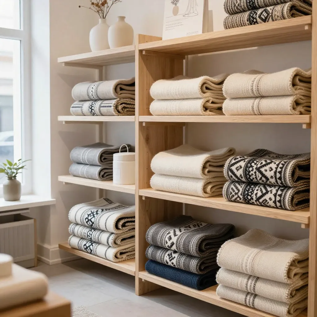 Interior of textile store with wool blankets